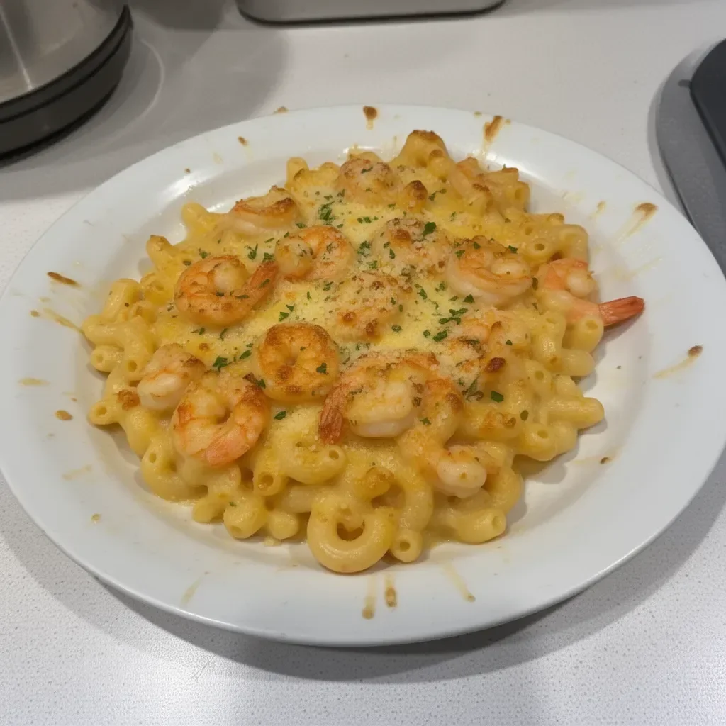 Delicious Seafood Mac & Cheese Bake topped with golden crust and seafood.