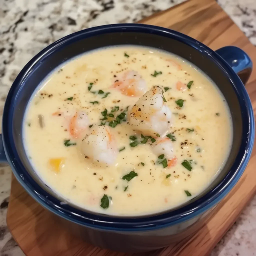 Delicious bowl of shrimp chowder with fresh herbs and spices.