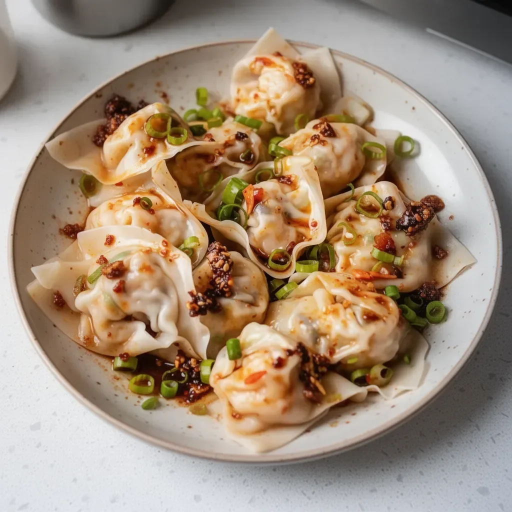 Plate of homemade shrimp wontons ready to be enjoyed