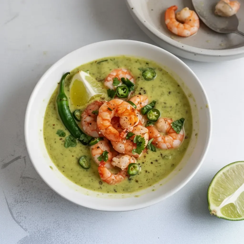 Plate of shrimps in rich Culichi sauce garnished with fresh herbs.