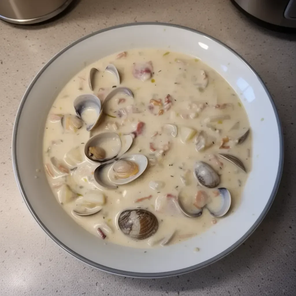 Bowl of slow cooker clam chowder with clams and vegetables