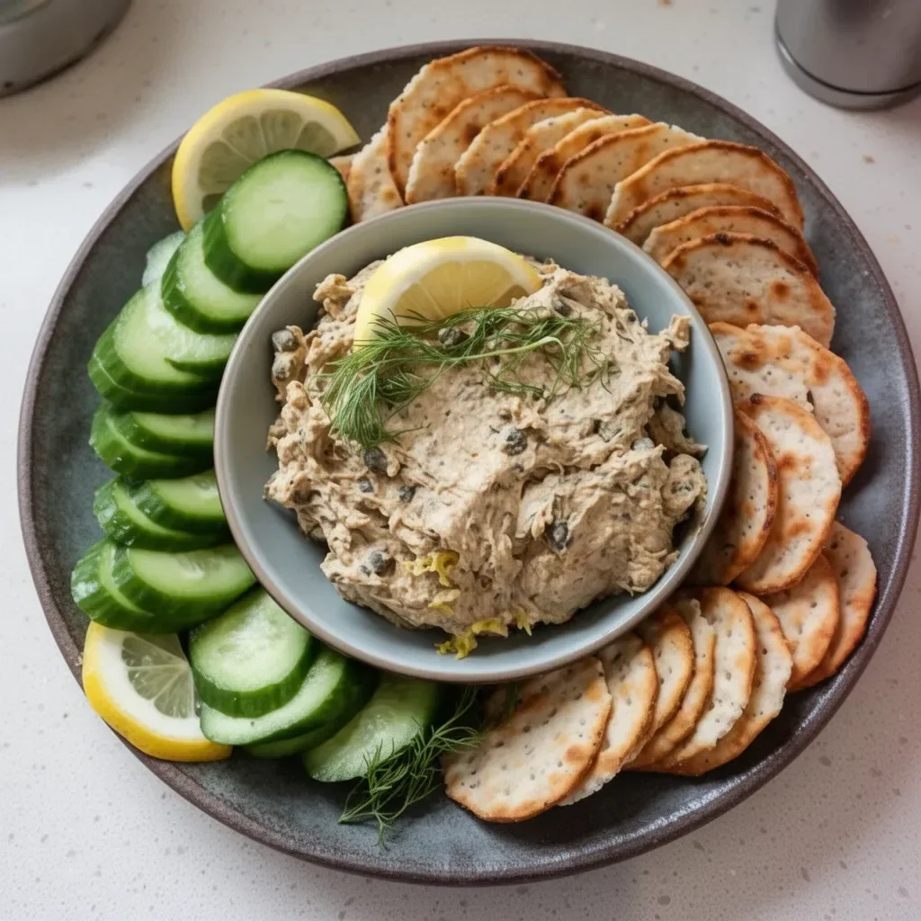 Bowl of creamy smoked oyster dip served with crackers and fresh herbs
