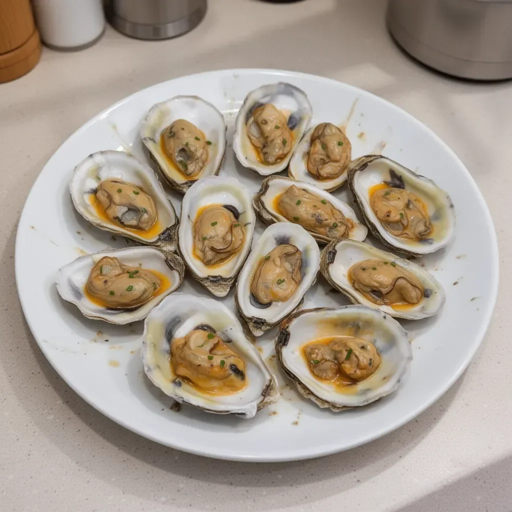 Tasty smoked oysters served on a platter with lemon and herbs