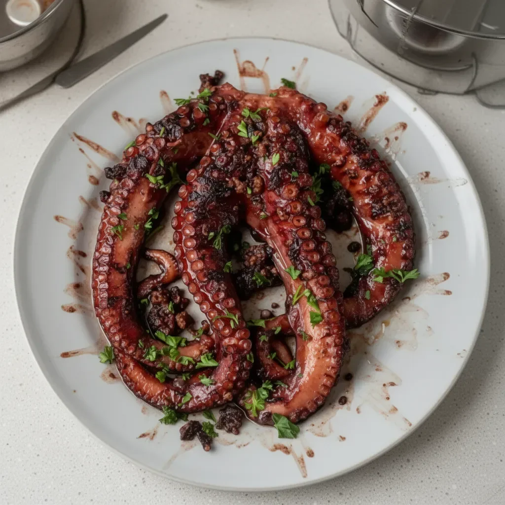 Delicious Sous Vide Octopus dish garnished with herbs on a plate