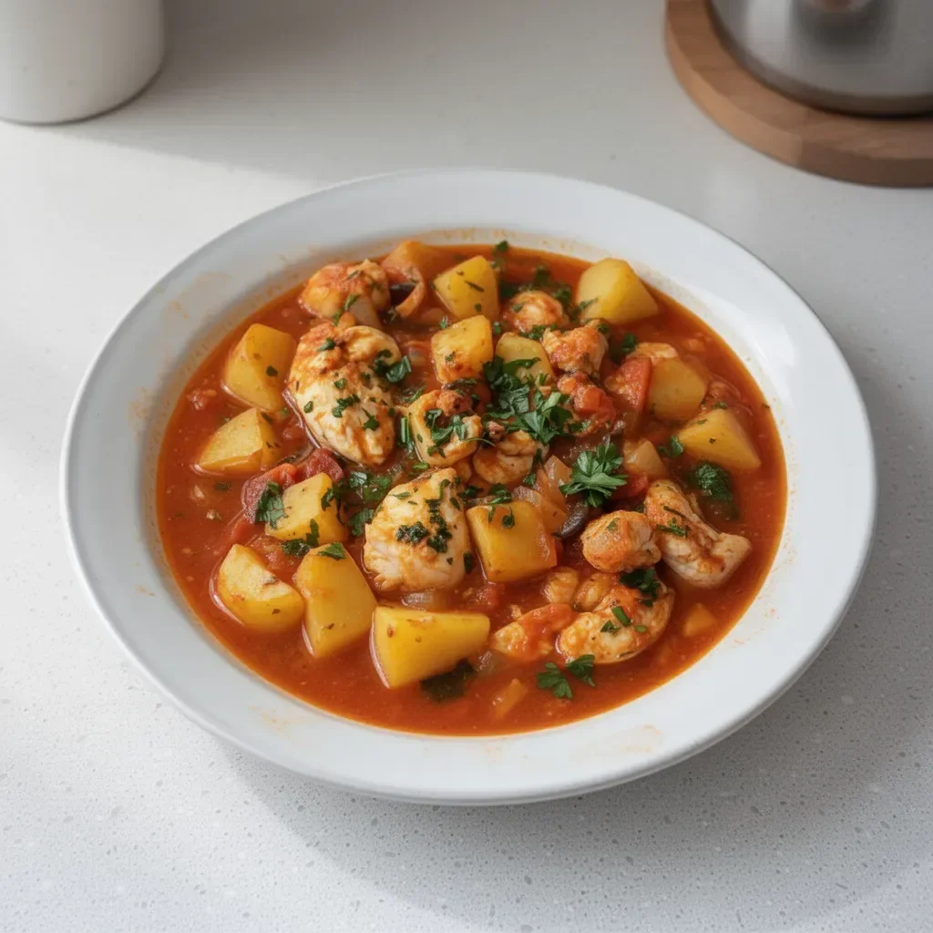 Spanish fish stew with potatoes served in a bowl, garnished with herbs