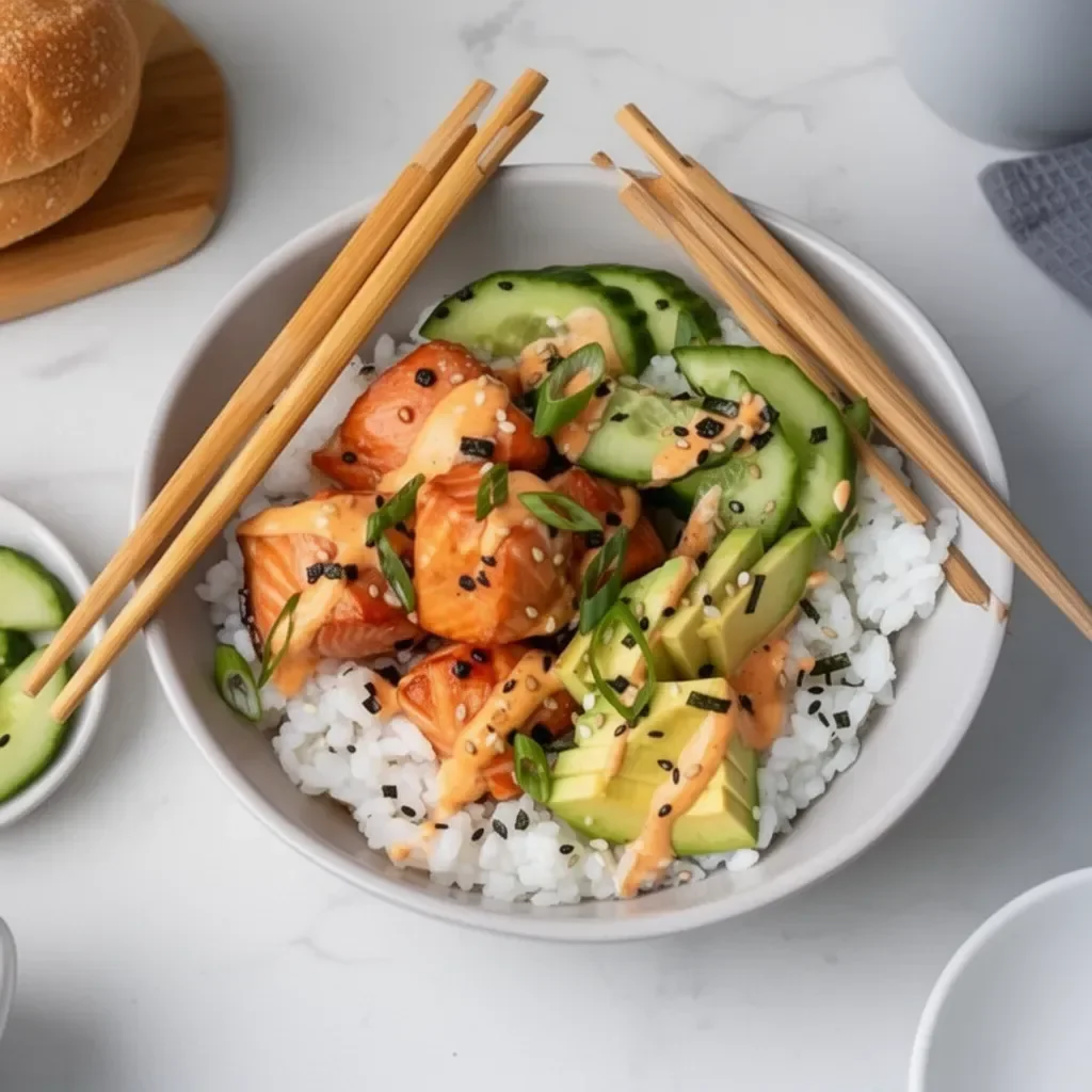 Spicy Salmon Roll Bowl with fresh ingredients and vibrant colors