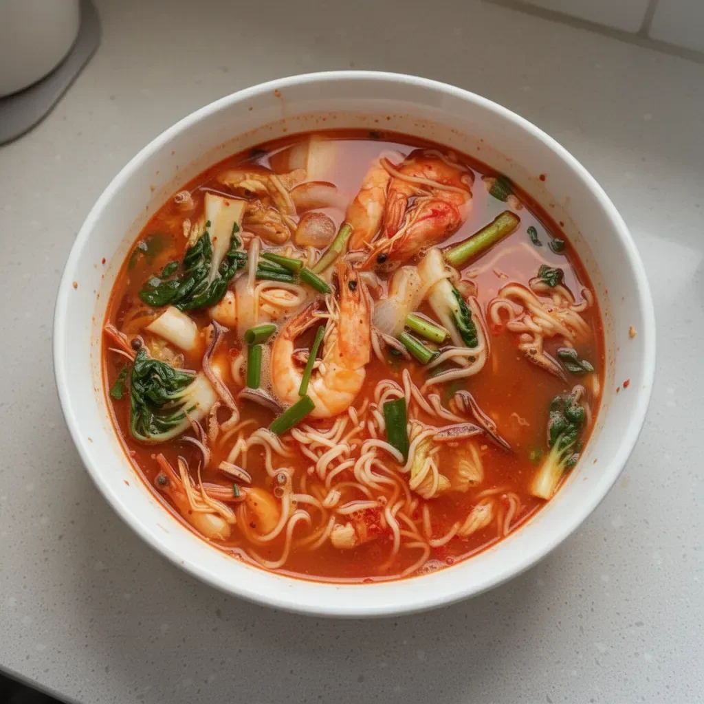 A delicious bowl of spicy seafood noodle soup with fresh ingredients.