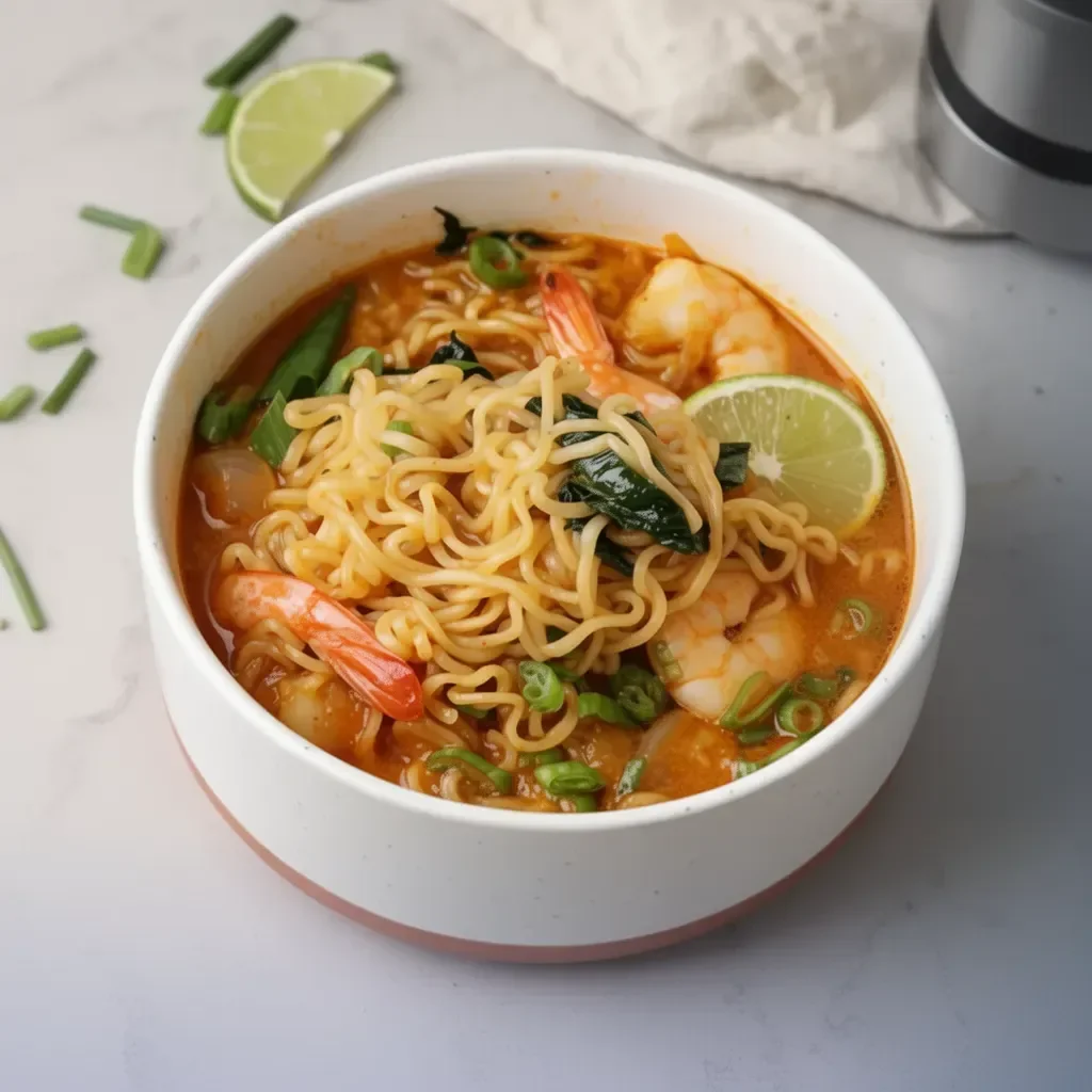 Delicious spicy shrimp ramen served in a bowl with fresh ingredients