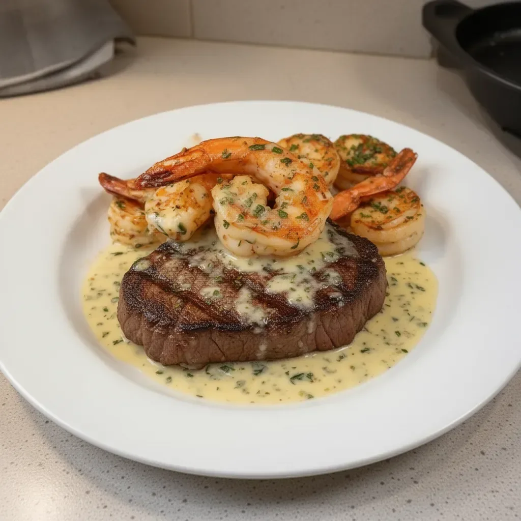 Delicious Steak and Shrimp with Garlic Sauce served on a plate