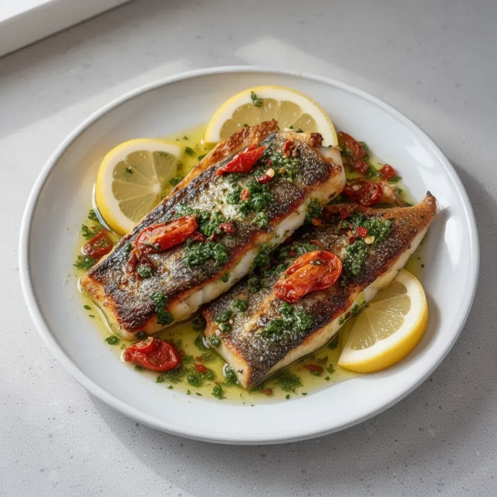 Baked branzino fillets with lemon herb dressing on a plate
