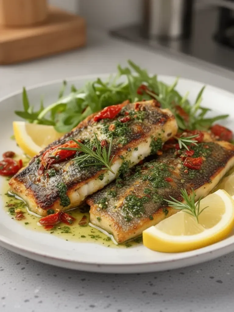 Sunshine on a Plate Baked Branzino Fillets with Lemon Herb Dressing