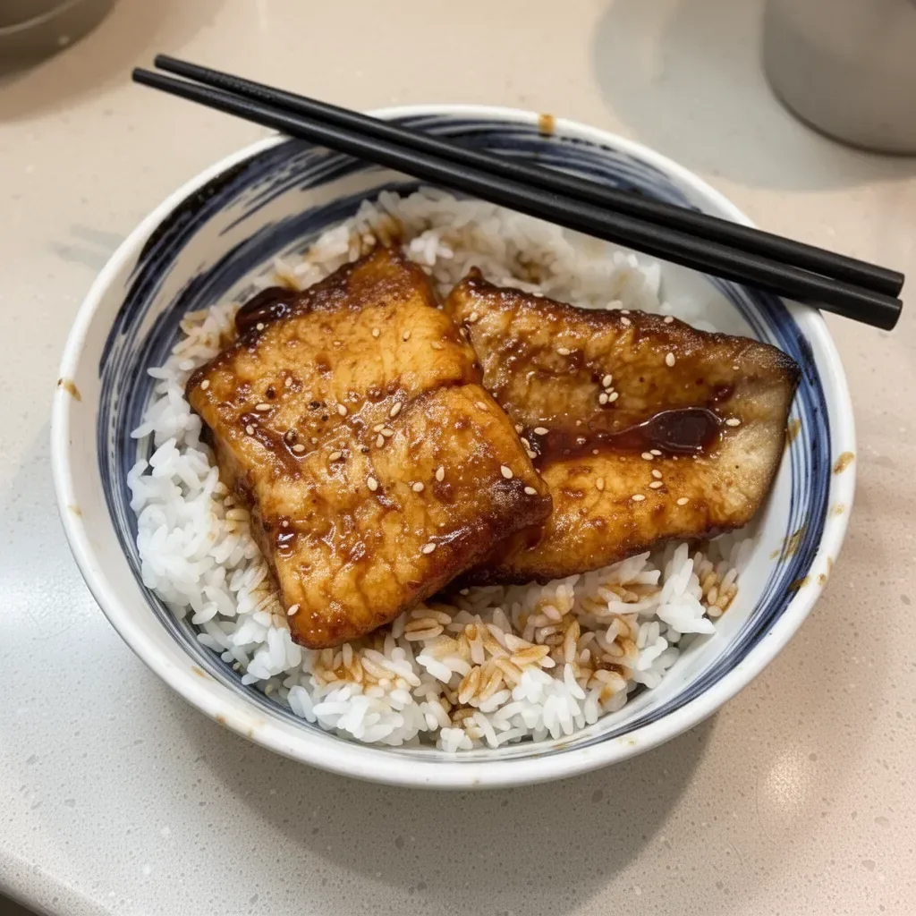Sweet Soy Glazed Basa Fillet served with rice and vegetables