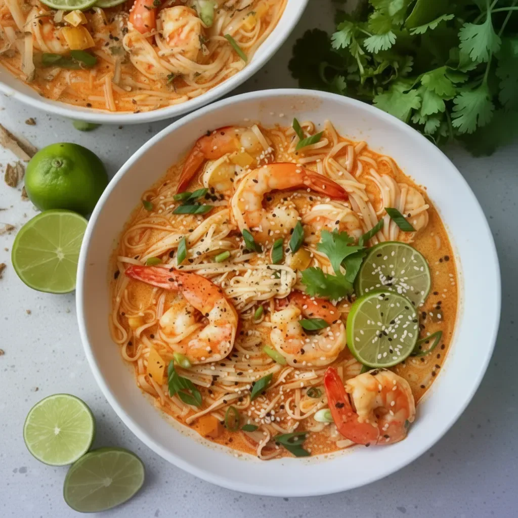 Bowl of delicious Thai Red Curry Shrimp Soup garnished with fresh herbs