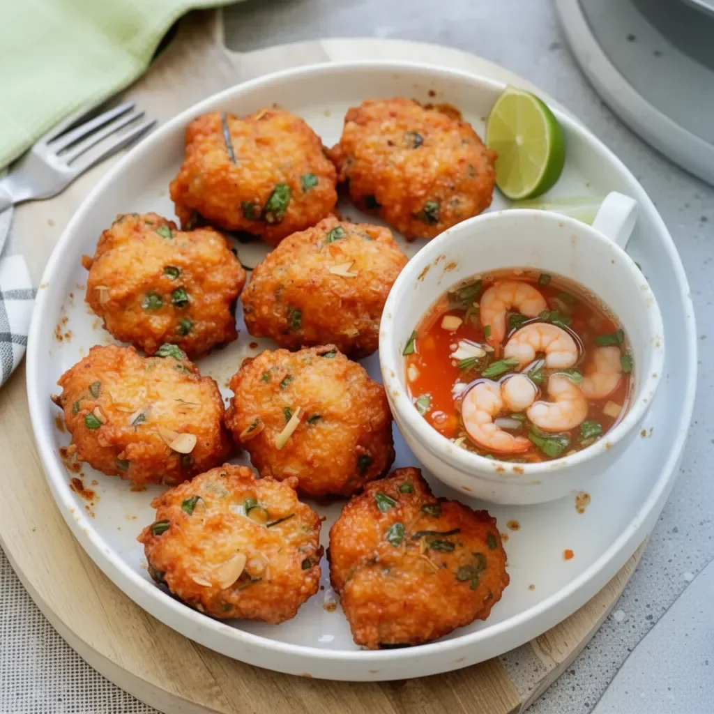 A plate of freshly cooked Thai shrimp cakes garnished with herbs.
