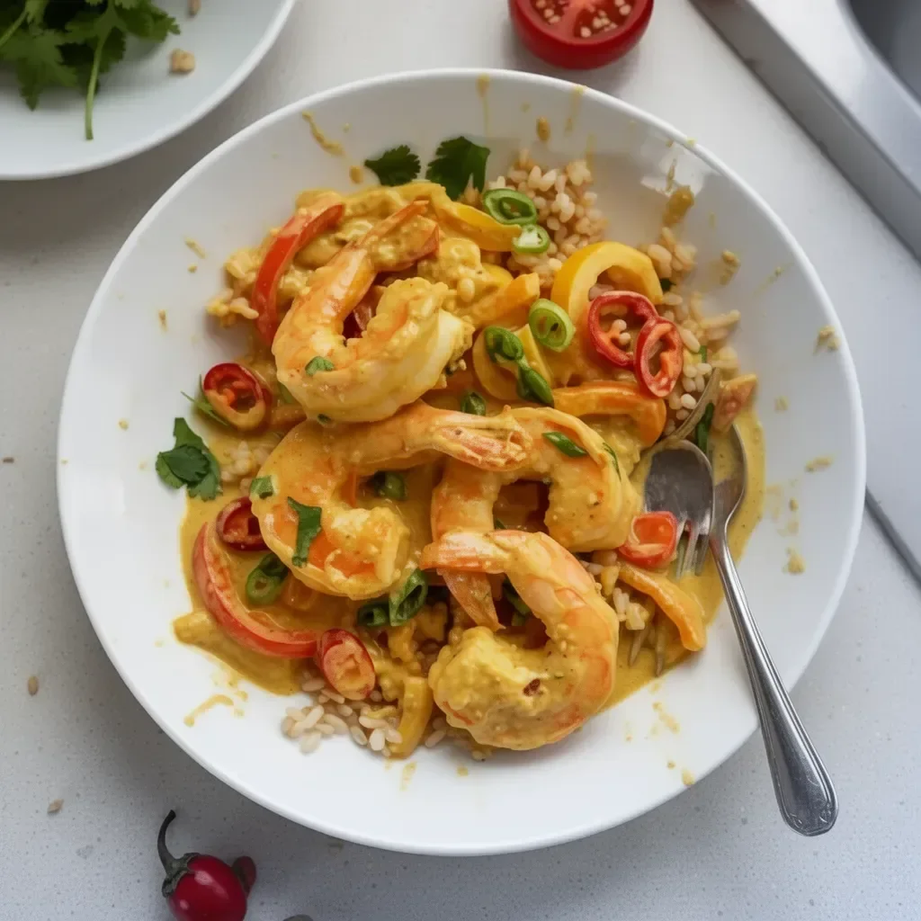Thai shrimp curry with coconut sauce served in a bowl