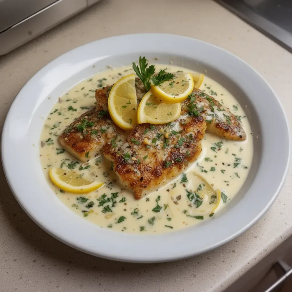 Tilapia fillet served with creamy lemon sauce and fresh herbs on a plate