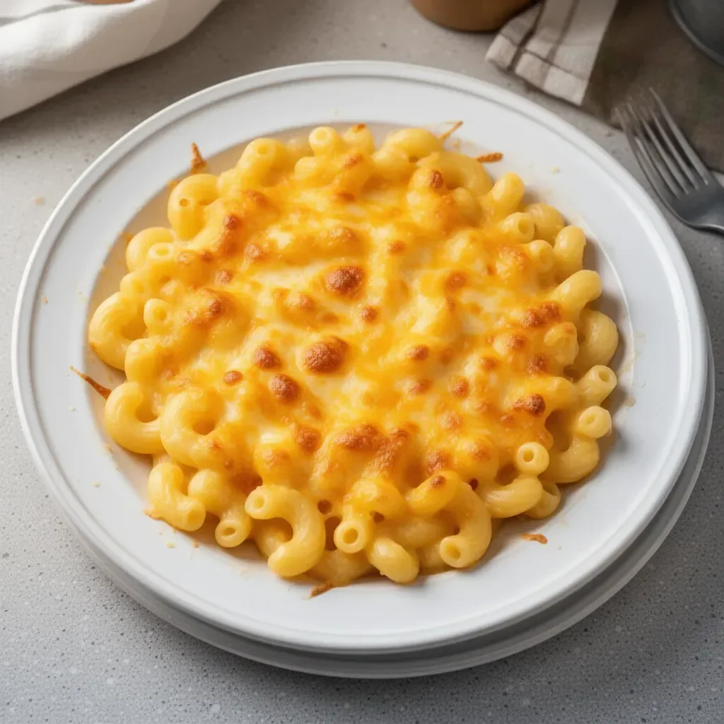 A delicious bowl of Tini's mac and cheese topped with breadcrumbs and herbs
