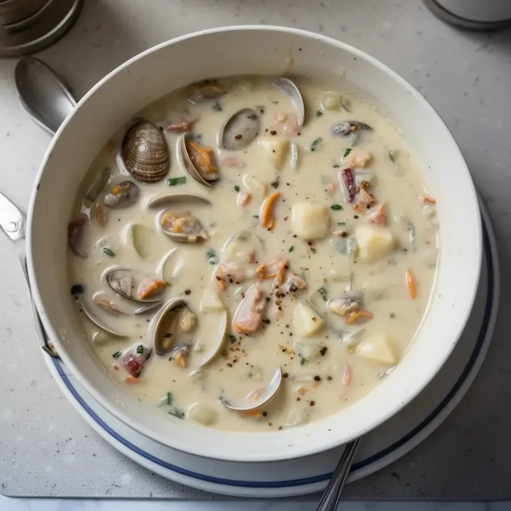 Bowl of traditional New England clam chowder with fresh clams and herbs