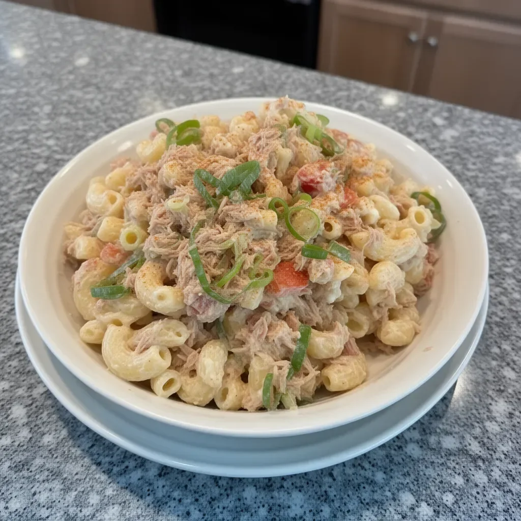 Bowl of Tuna Macaroni Salad with vegetables and herbs