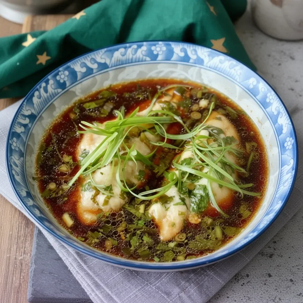 Plate of white fish fillets with ginger and soy sauce garnished with green onions