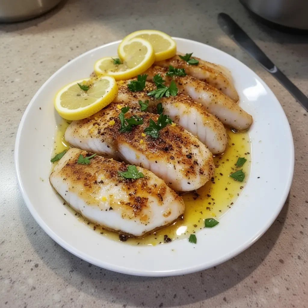 Plate of zesty lemon butter fish fillet garnished with herbs