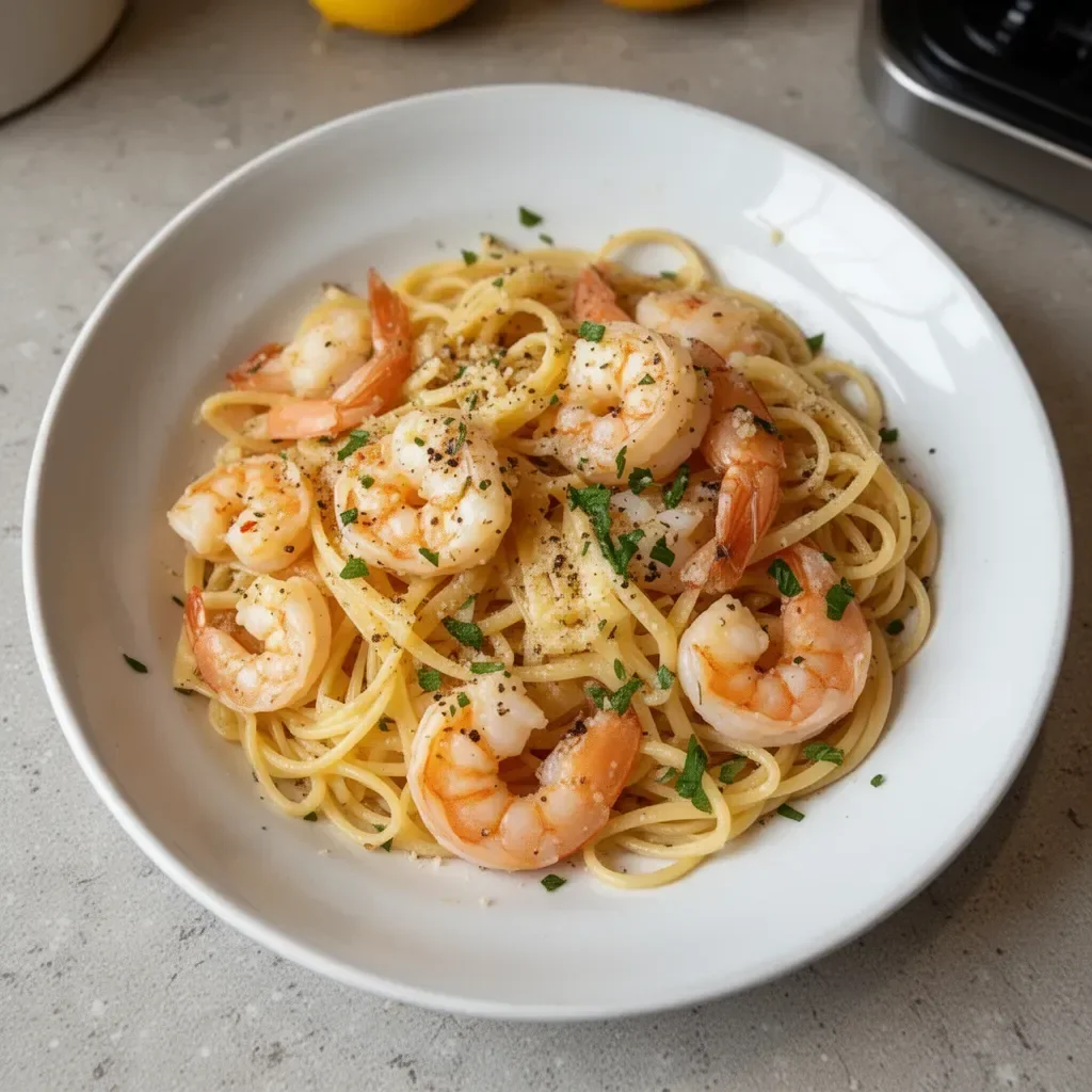 A plate of 20-minute shrimp scampi linguine with garlic and parsley