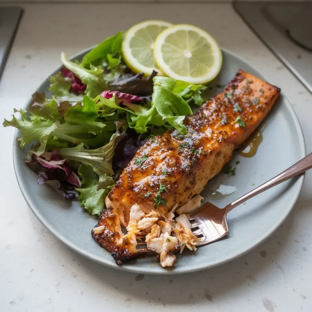 Delicious air fryer honey mustard salmon dish garnished with herbs