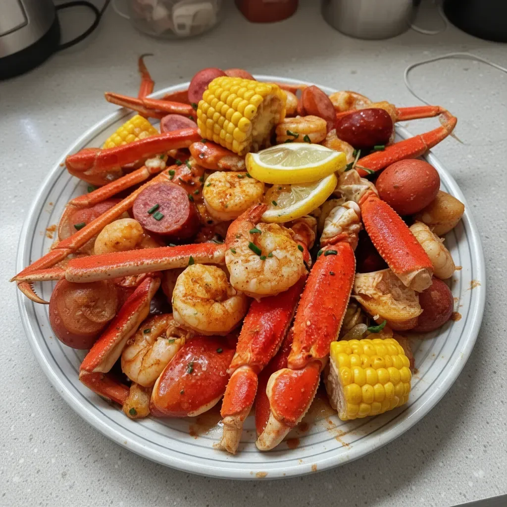 Authentic Old Bay Low Country Boil with seafood and spices on a platter