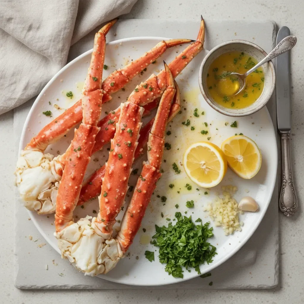 Baked Crab Legs with Garlic Butter served on a plate