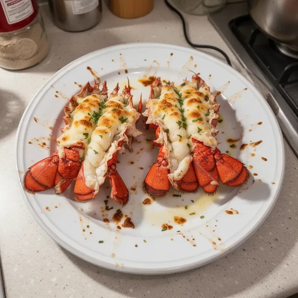 Deliciously baked lobster tails served with lemon and herbs
