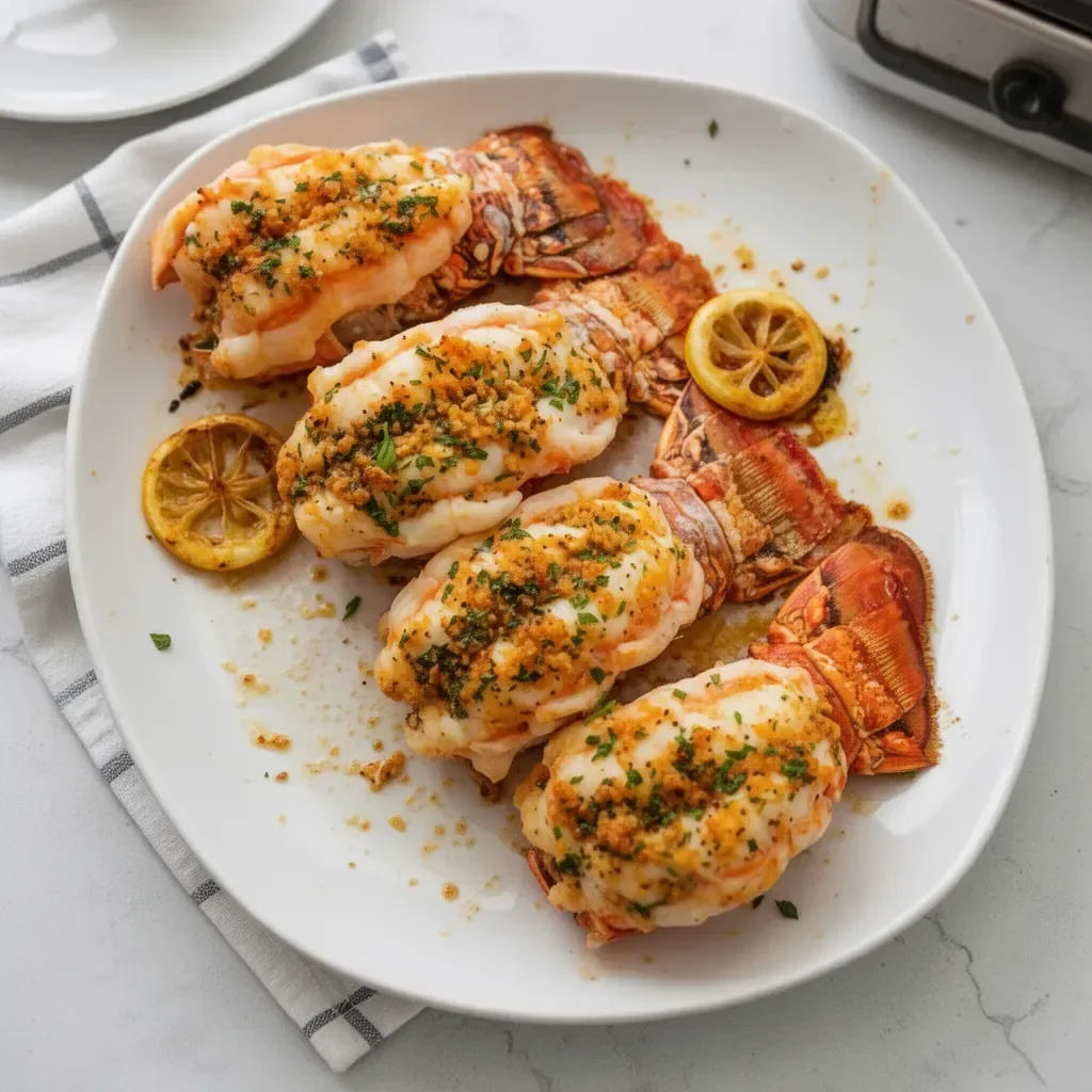 Delicious baked lobster tails served with garlic butter and lemon.