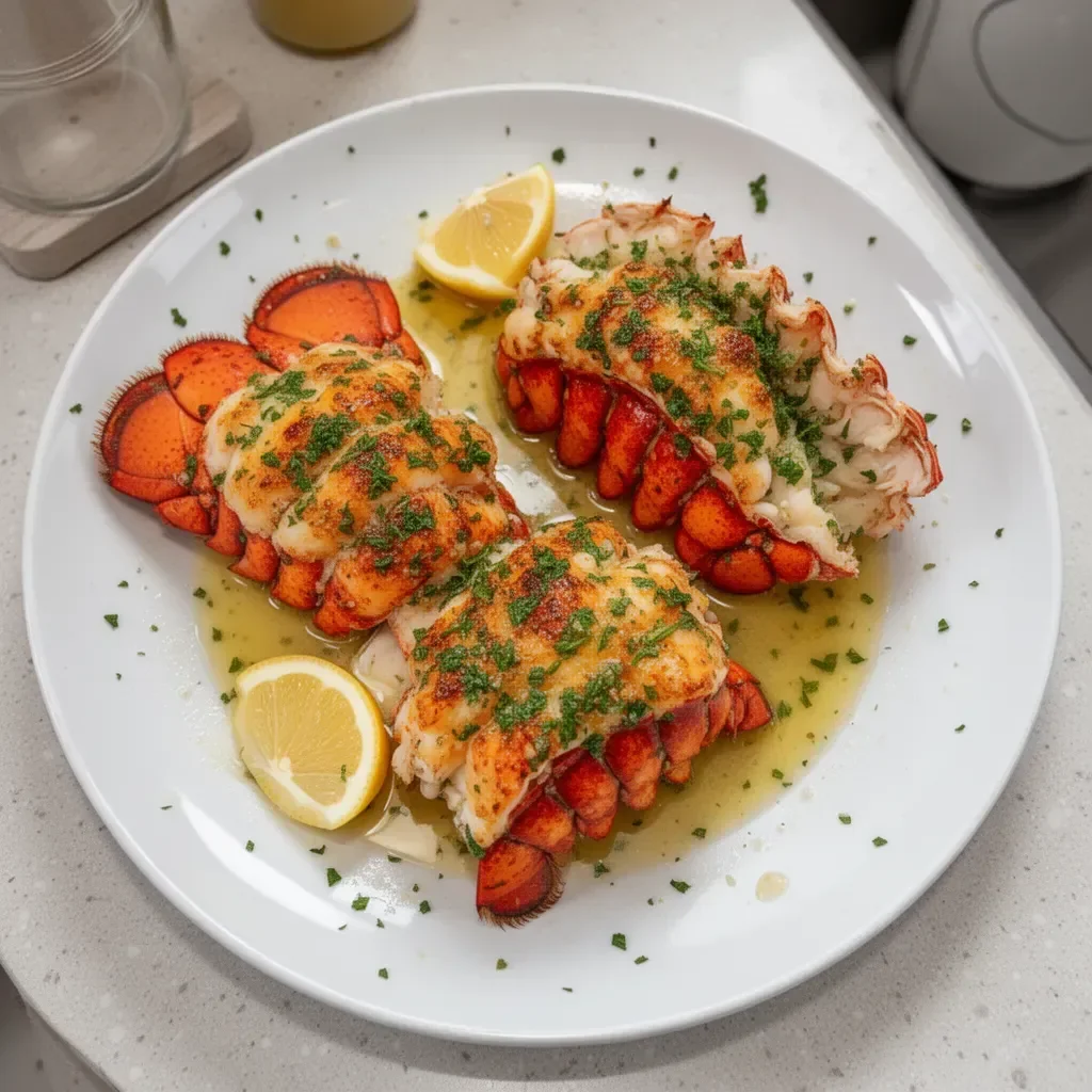 Delicious baked lobster tails drizzled with lemon garlic butter on a serving plate.