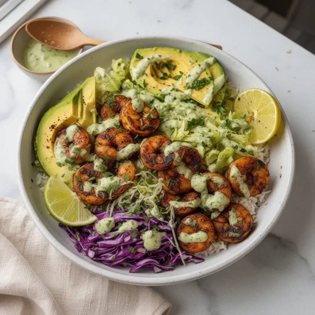Delicious blackened shrimp bowl with fresh vegetables and spices