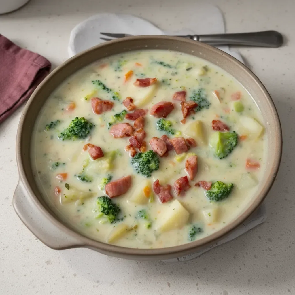 A warm bowl of broccoli potato soup garnished with fresh herbs.