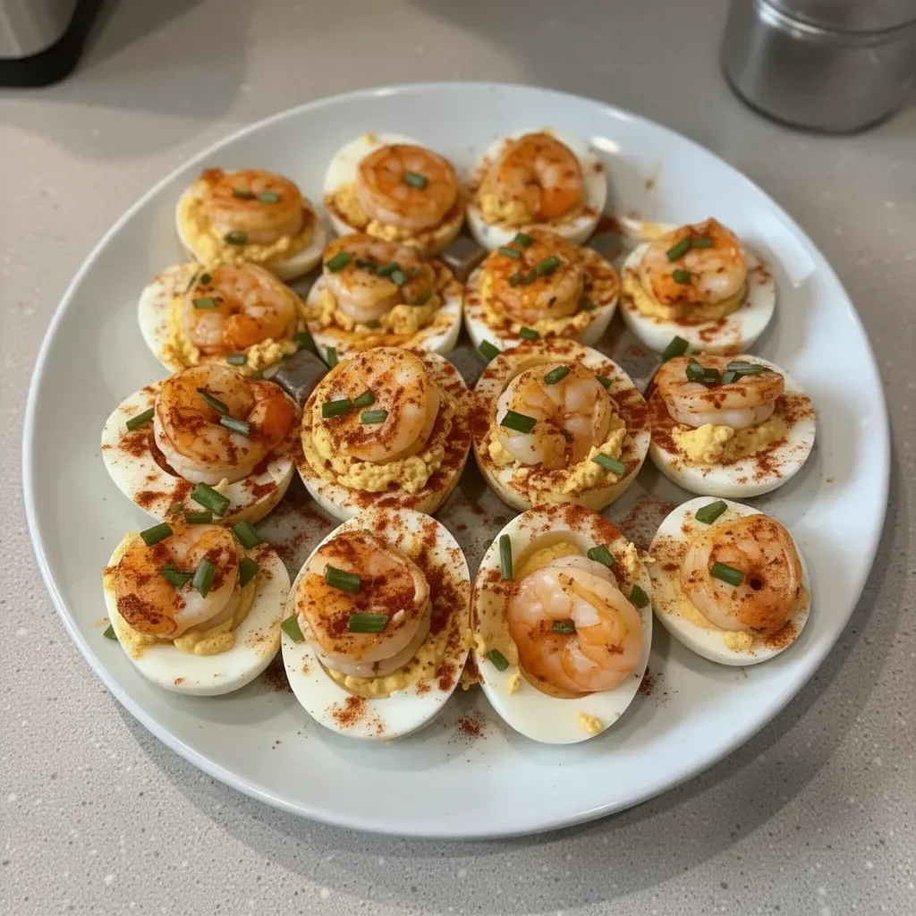 Cajun shrimp deviled eggs on a platter garnished with herbs