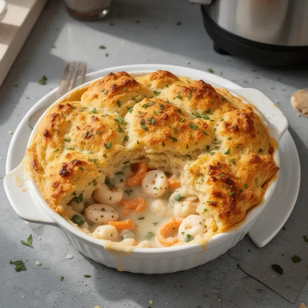 Cheddar Bay Biscuit Seafood Pot Pie with seafood and flaky biscuit crust