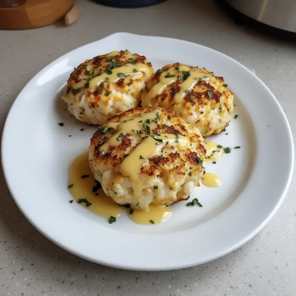 Cheddar Bay Crab Cakes served with Lemon Butter Drizzle on a plate