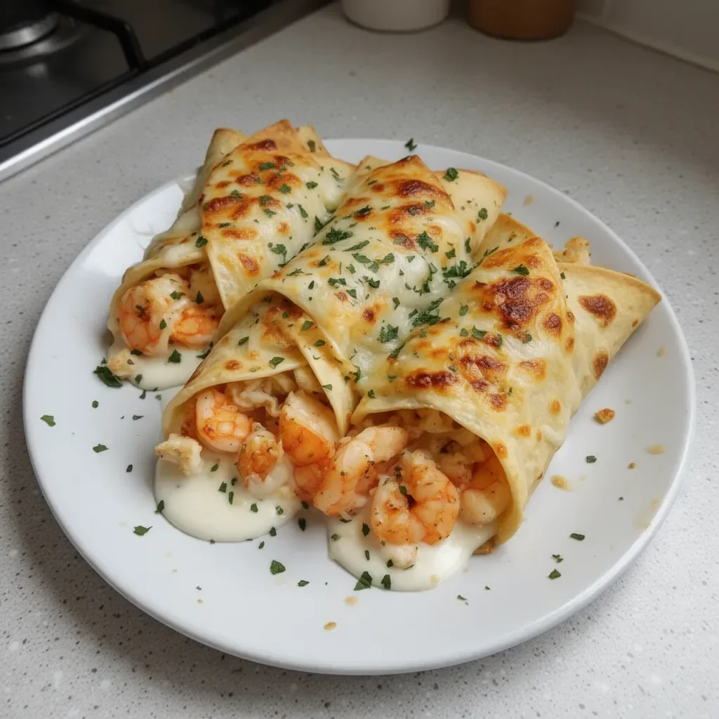 Cheesy seafood tortilla bombs served on a plate with colorful garnish.