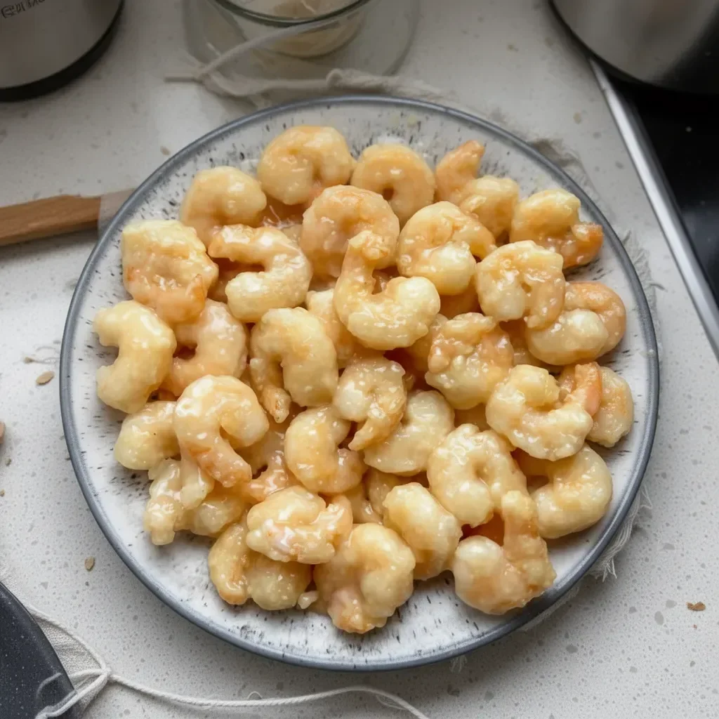 Plate of Chinese Coconut Shrimp garnished with herbs and served with dipping sauce