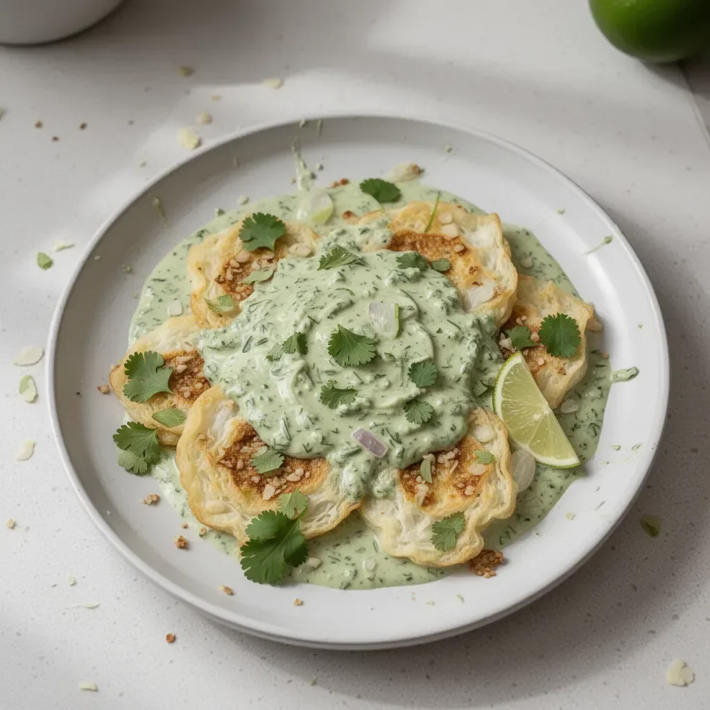 Fresh cilantro garlic sauce in a bowl with herbs and garlic cloves