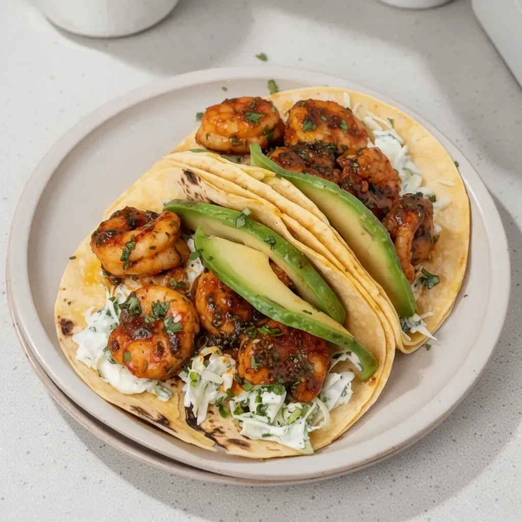 Cilantro lime shrimp tacos served with fresh toppings on a plate