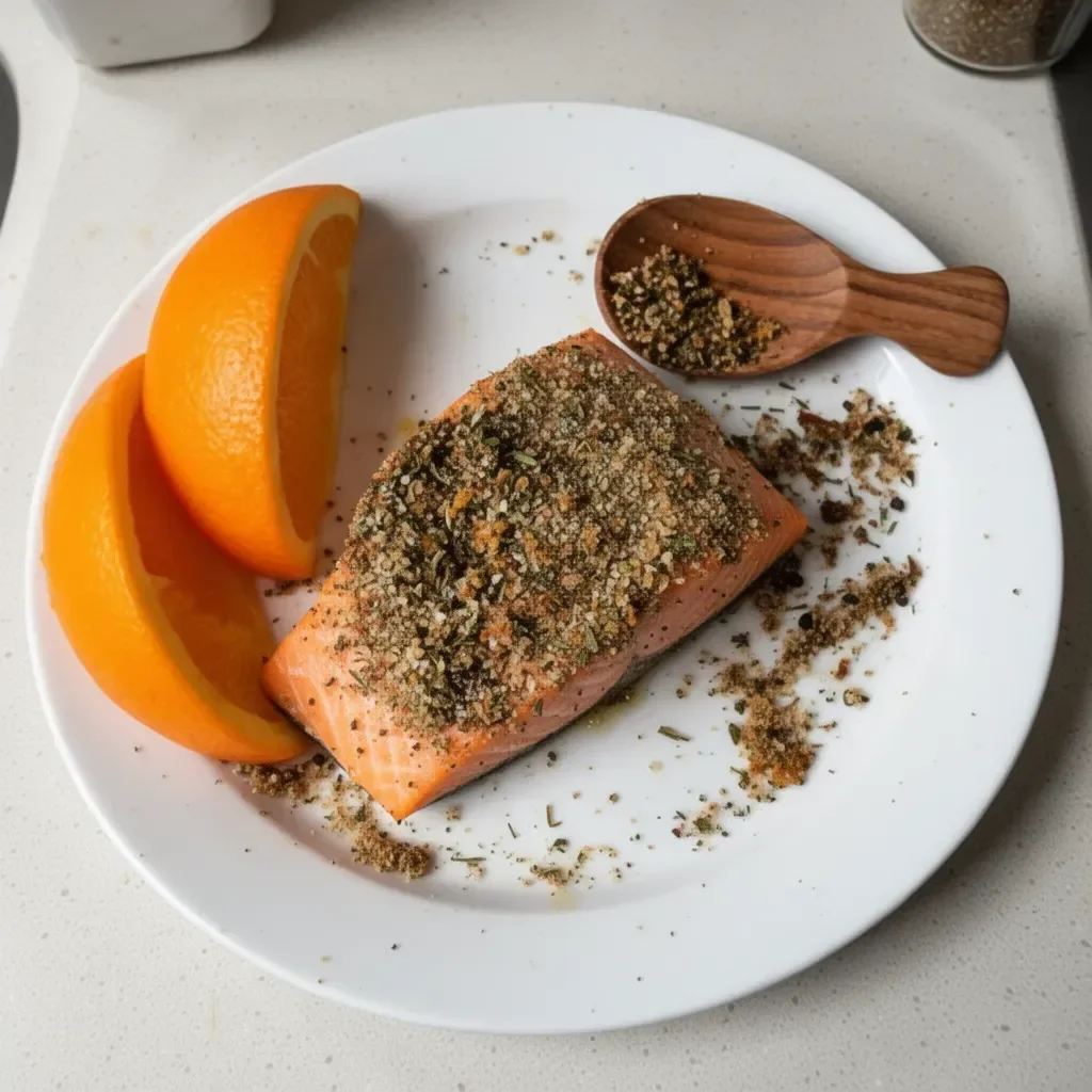 Citrusy salmon rub seasoning on fresh salmon fillets ready for cooking