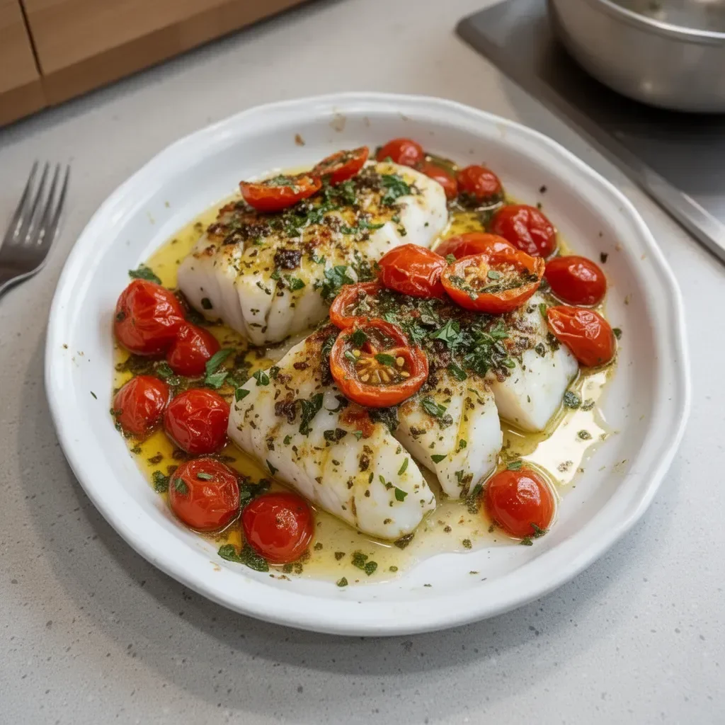 Delicious cod served with a rich tomato and herb butter sauce.