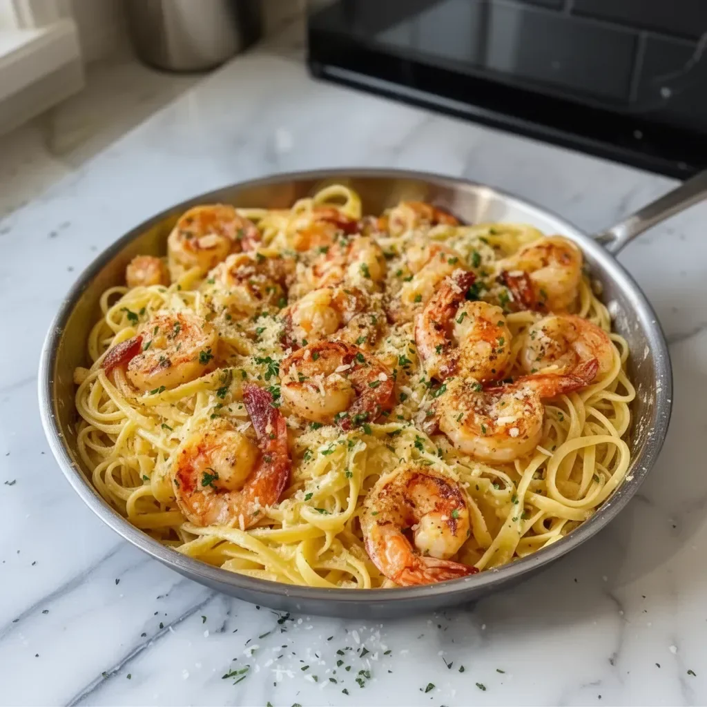 Delicious copycat Cheesecake Factory shrimp scampi linguine dish prepared at home