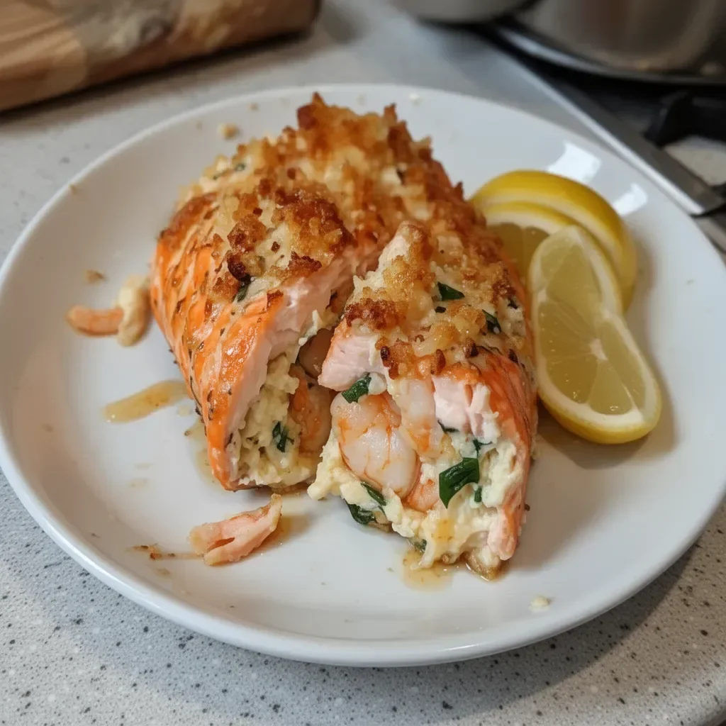 Delicious crab and shrimp stuffed salmon plated with fresh herbs