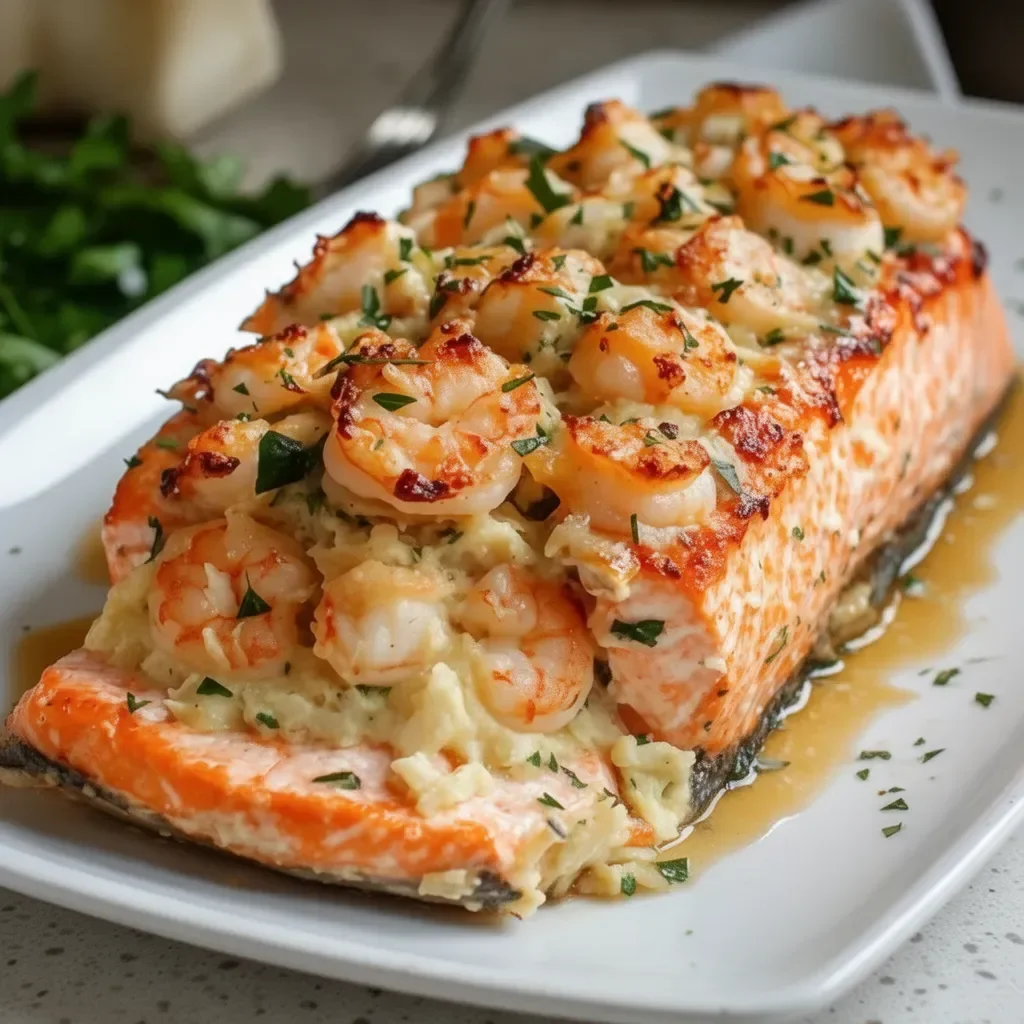 Delicious crab and shrimp stuffed salmon dish garnished with herbs