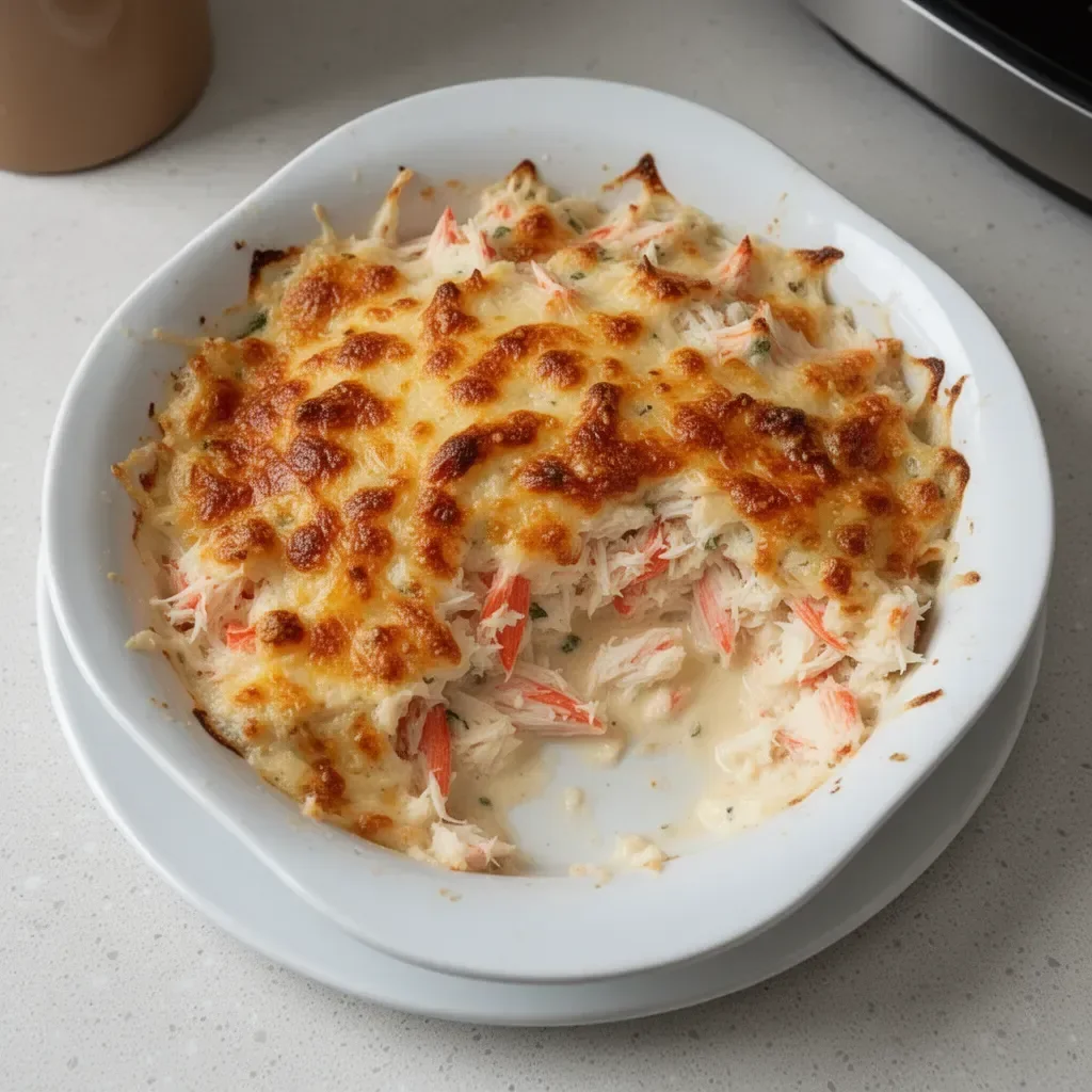 Delicious creamy baked Crab Imperial topped with herbs and spices