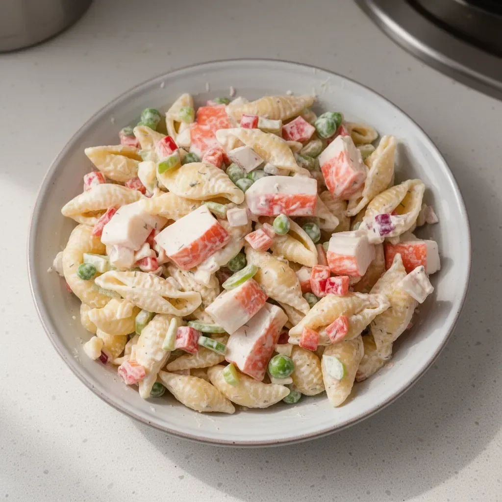 A vibrant Crab Pasta Salad with crabmeat, vegetables, and zesty dressing.