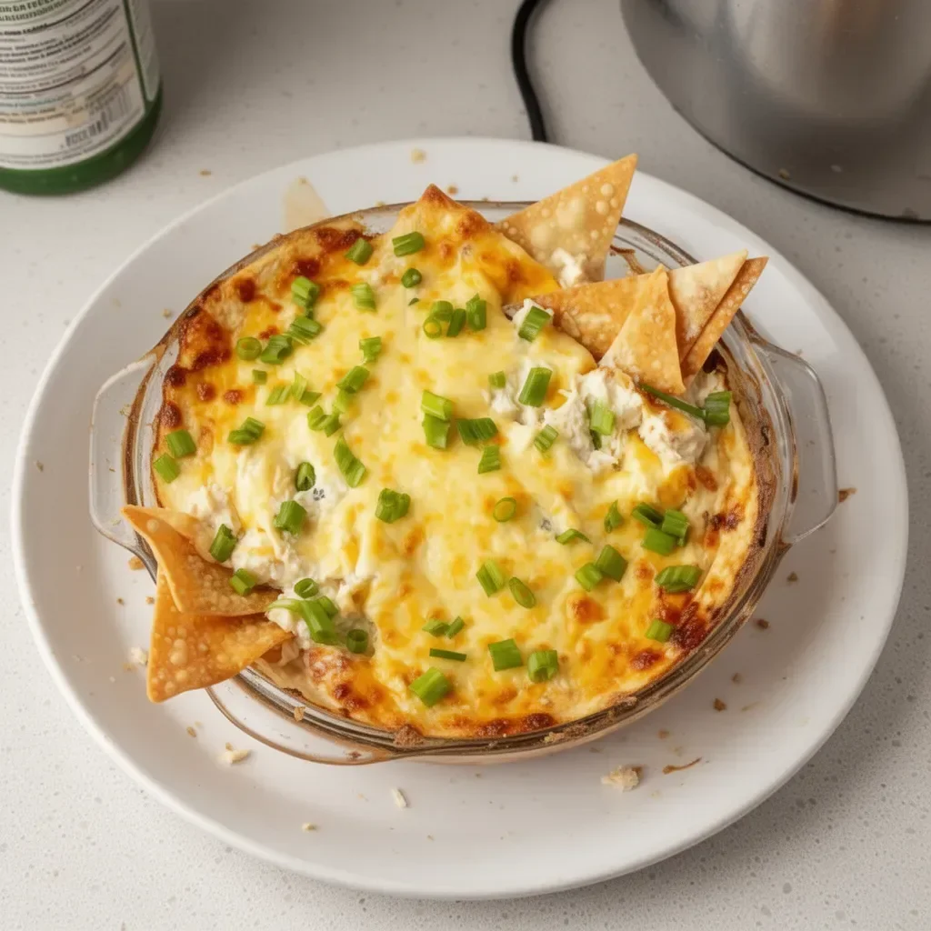 Creamy Crab Rangoon Dip served in a dish with crispy chips