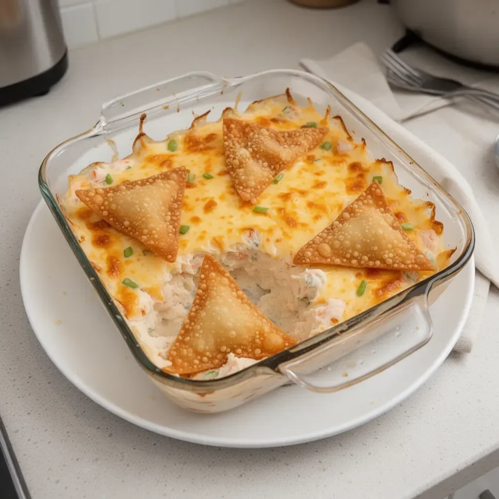 Delicious Crab Rangoon Dip served in a bowl with crispy chips.